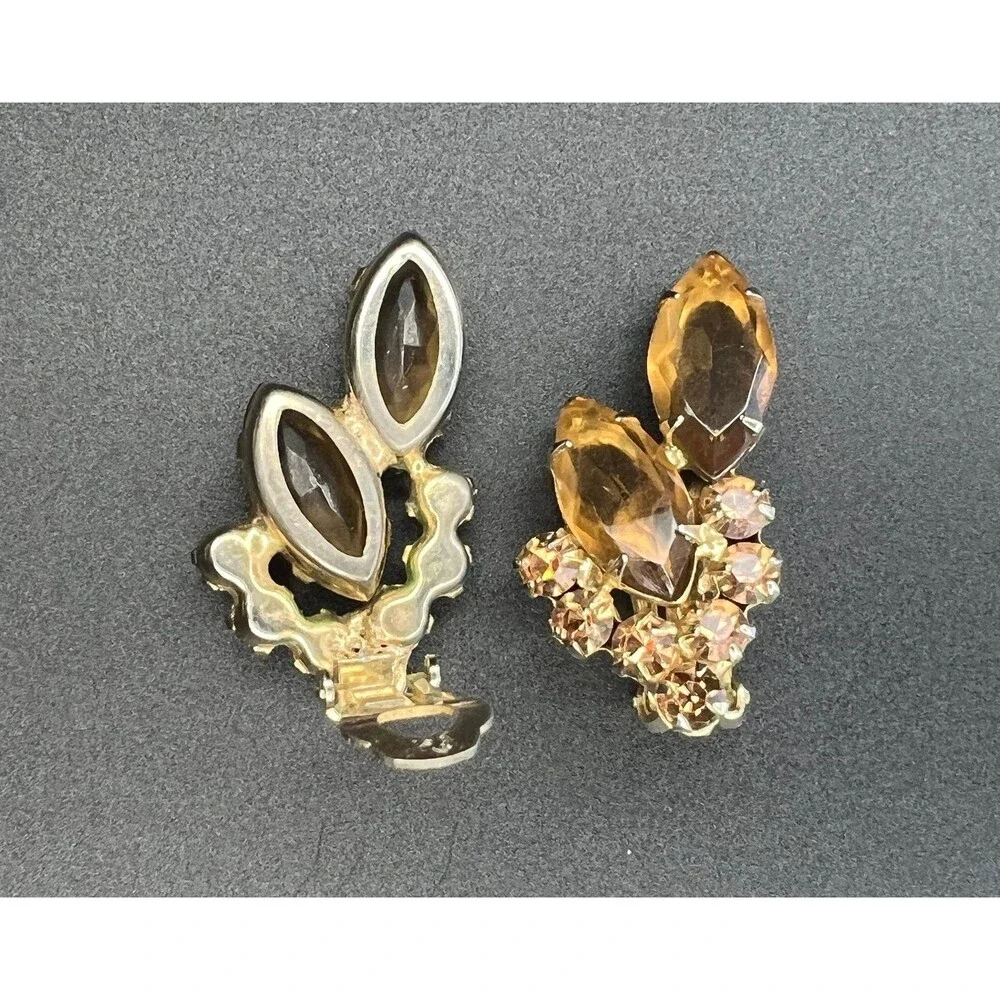 Ref No. 7760 Vintage D&E Juliana Amber Topaz Navette and Chaton Clip Earrings